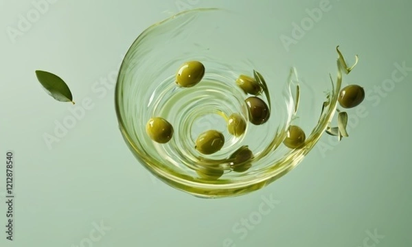 Fototapeta Olive Oil Splash: Green olives and a swirling vortex of olive oil create a visually captivating and appetizing image, a celebration of Mediterranean cuisine and culinary artistry.