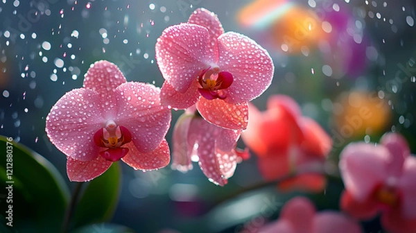 Obraz An orchid garden after rain, with water droplets glistening on every petal and a faint rainbow in the background, during a serene moment