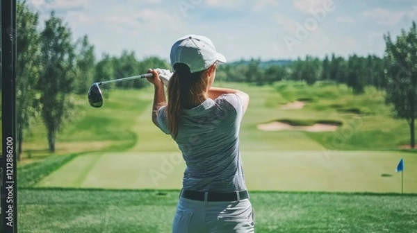 Obraz Girl playing golf on screen and golf simulator. Young golfer playing golf video game indoors