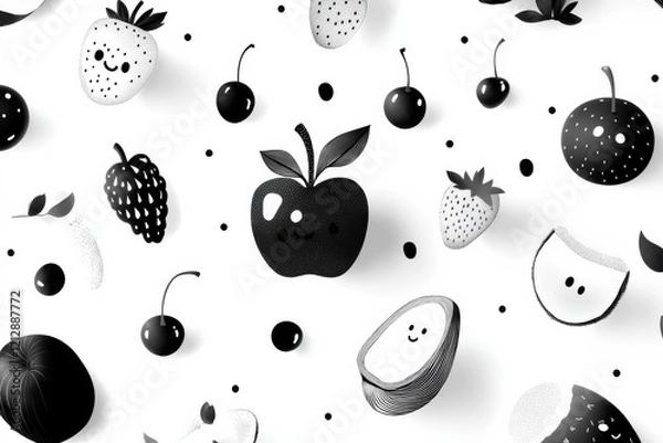Obraz Whimsical Black-White Fruit Vector Collection