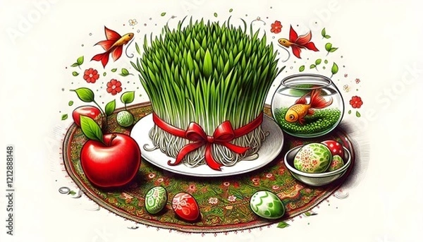 Obraz wheatgrass sabzeh sprouts red ribbon, apple, fishbowl goldfish, painted eggs, in nowruz haft sin, isolated on a white background Persian new year