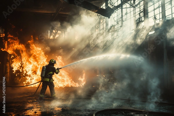 Fototapeta A firefighter putting out a fire in a burning building. A fireman with a water hose fighting flames and smoke