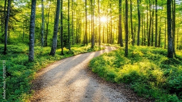 Fototapeta Sunlit Forest Path Winding Through Lush Green Trees
