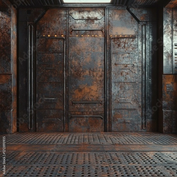 Fototapeta Rusty Metal Doors in a Futuristic Setting with Grid Floors and Overhead Light Panel on Ceiling