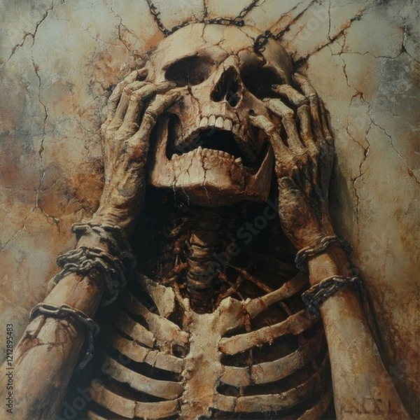 Fototapeta Skeletal Figure with Chain Shackles Holding Head Against Cracked Wall Dark Surreal Art