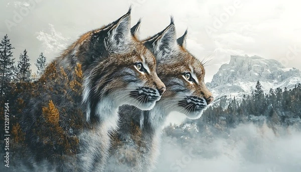 Obraz An artistic combination two profiles lynxes merging with the picturesque landscape.