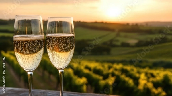 Fototapeta Two glasses of sparkling wine sit elegantly in a vineyard, basking in the warm glow of the sunset, creating a perfect ambiance for a relaxing evening outdoors.