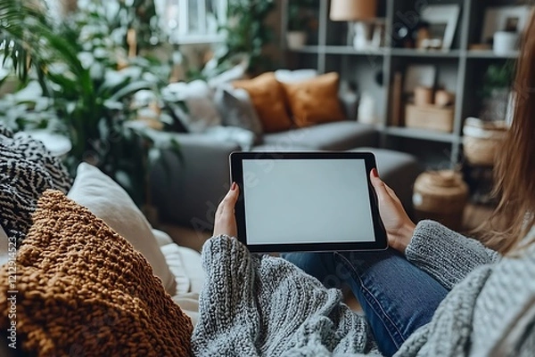 Fototapeta Woman Relaxing On Sofa Using Blank Tablet Screen