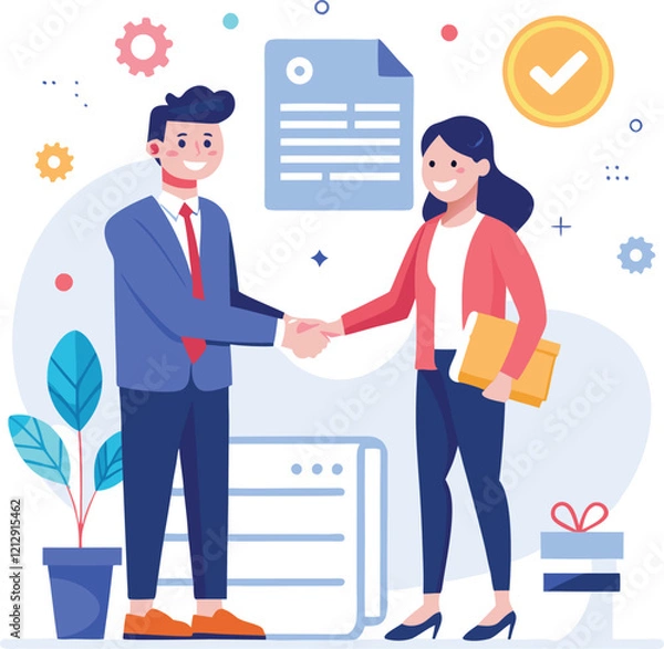 Fototapeta People shaking hands at work - Two businesspeople, man and woman doing handshake in office at work while smiling over business agreement and deal. Flat design stock illustration on white background