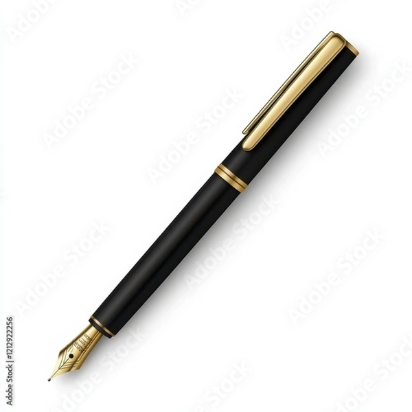 Fototapeta Elegant black fountain pen with gold accents resting on a clean white background, symbolizing creativity and professionalism