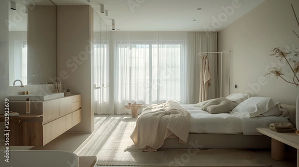 Fototapeta Minimalist master bedroom with attached bathroom. generative ai.