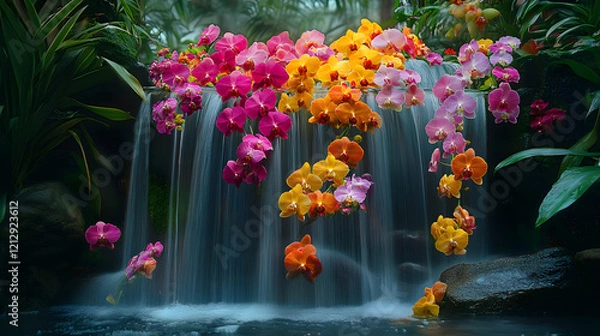 Obraz A cascading orchid waterfall, with layers of vibrant blooms flowing like a colorful cascade, during an enchanting garden display