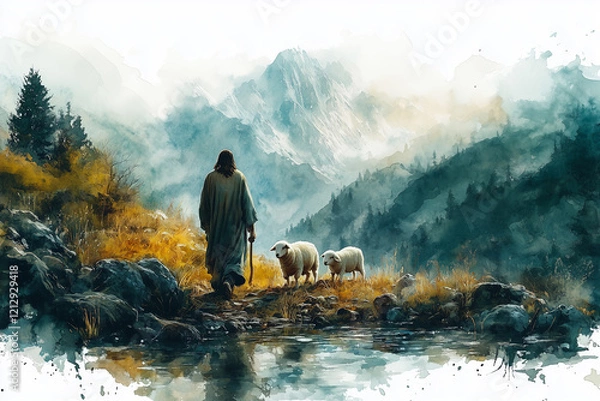 Fototapeta Happy Easter day drawing of Jesus Christ and the grazing sheep. Generativ Ai