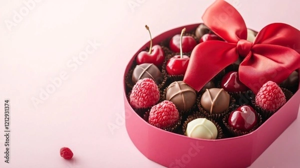 Fototapeta A luxurious Valentine’s Day gift box containing cherries, raspberries, and gourmet chocolates, tied with a satin red bow, isolated on a soft pink backdrop