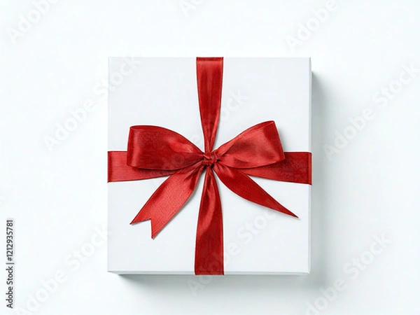 Obraz top view of a white gift box with red ribbon