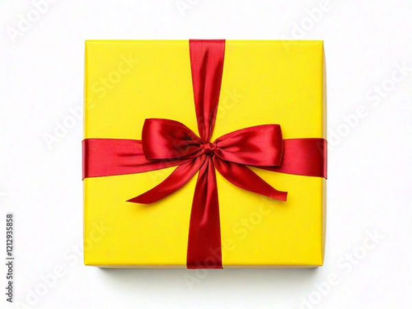 Obraz top view of a yellow gift box with red ribbon