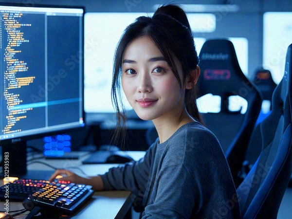 Obraz young asian woman working in front of a computer