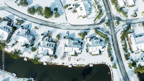 Obraz Aerial views of a snow-covered suburban neighborhood with houses, roads, ponds, and recreational facilities.