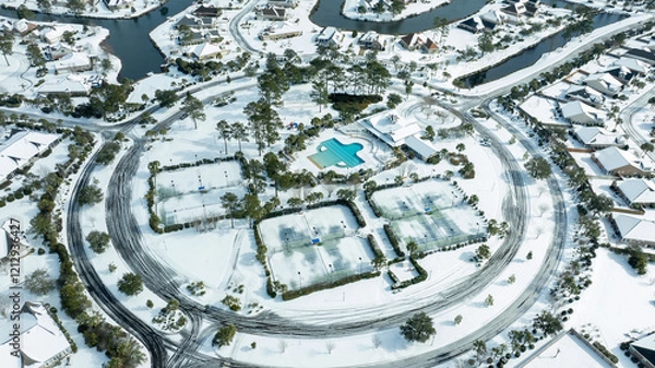 Obraz Aerial views of a snow-covered suburban neighborhood with houses, roads, ponds, and recreational facilities.