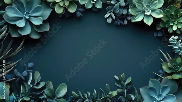 Fototapeta Elegant Succulent Frame Featuring Lush Green and Blue Tones. Luxurious succulent arrangement forming a vibrant frame with a rich green and blue color palette.