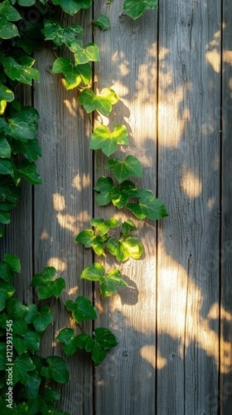 Fototapeta Bright sunlight dances upon a weathered wooden fence, casting gentle shadows as lush green vines climb and weave, creating a serene and inviting atmosphere in the garden