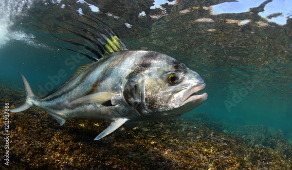 Obraz Roosterfish swimming over rocky bootom