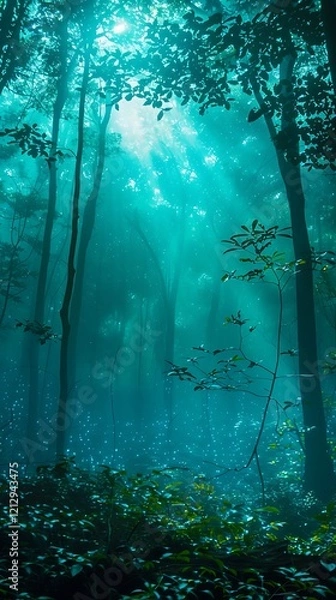 Fototapeta Enchanting Teal Forest With Glowing Lights
