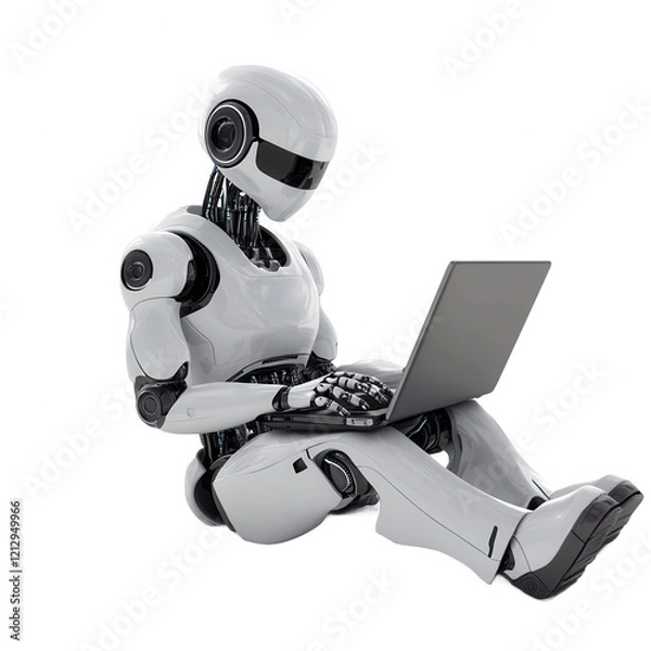 Obraz White Robot Using Laptop Computer, PNG Background