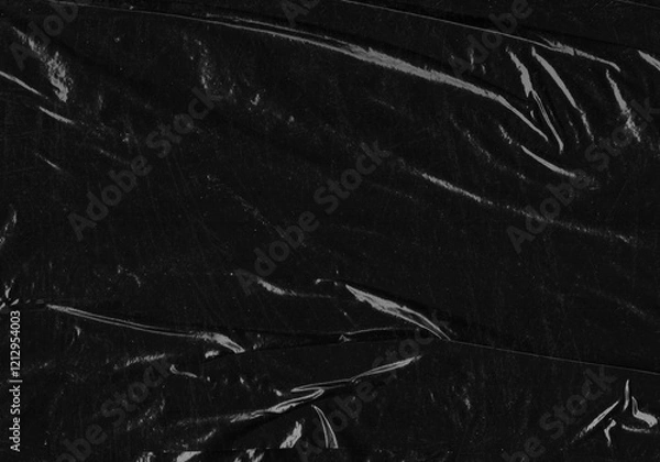 Fototapeta Black transparent plastic wrap texture overlay background. Realistic plastic for poster design and photo overlay effect. Wrinkled paper surface pattern for graphic design sources and element mockup.