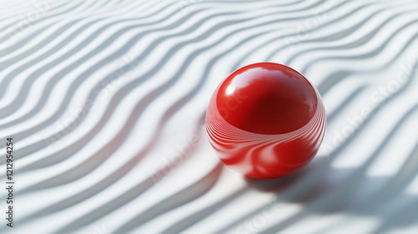 Fototapeta Red sphere on abstract wavy white surface with dynamic light reflections