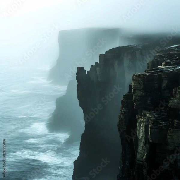 Obraz A mysterious foggy coastline with jagged cliffs rising into the haze and the faint roar of waves creating a haunting atmosphere ultra HD