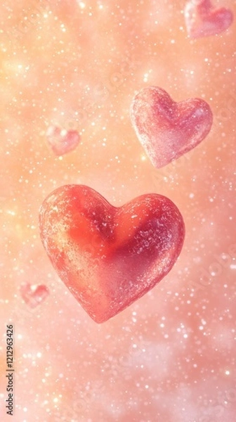 Fototapeta Bright red hearts on a dreamy golden background. Valentine's Day Concept