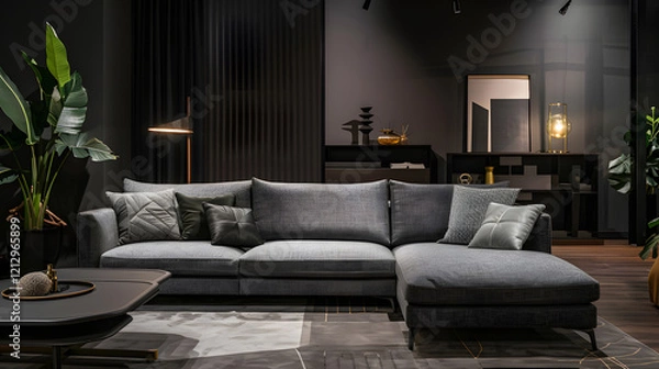 Fototapeta Stylish dark living room interior featuring a gray sofa. generative ai.