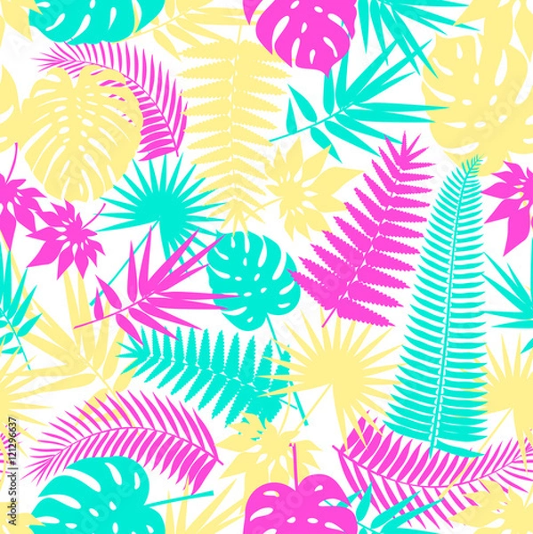 Obraz Beautiful seamless tropical jungle floral pattern background with palm leaves. Pop art. Trendy style. Bright colors. Vector illustration.