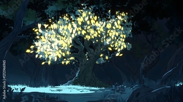 Obraz Glowing Tree in a Dark Forest at Night
