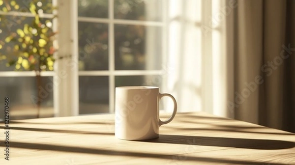 Fototapeta Empty White Mug on Wooden Table by Window in Morning Sunlight