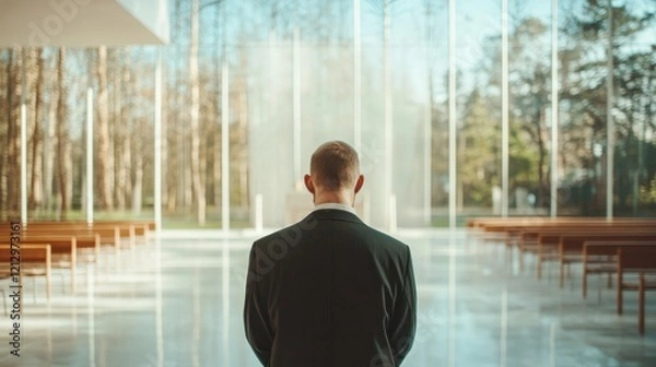 Fototapeta A man stands in deep thought within a serene, modern space filled with natural light and minimalist architecture, creating a calm and contemplative atmosphere.