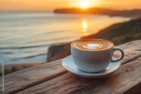 Fototapeta Cappuccino resting on a wooden table as the sun sets over a serene ocean horizon
