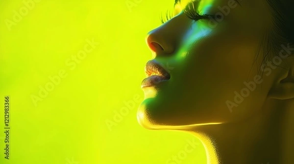 Fototapeta Close-up of a woman's side profile illuminated by vivid green and blue neon lighting, highlighting her serene expression.