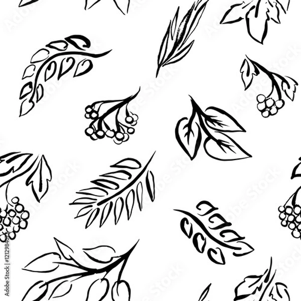 Fototapeta Seamless pattern with hand draw ink leaves and berries. Vector, isolated. Doodle, brush, light and minimalistic, light and simple.