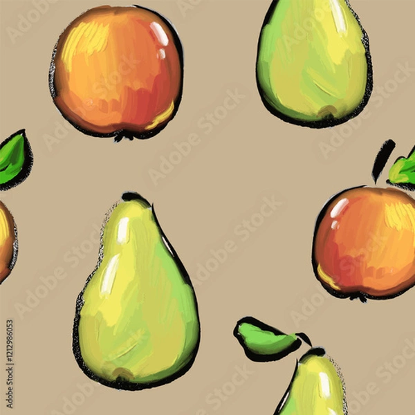 Obraz An apple and a pear seamless pattern painted with oil texture on a brown background. Hand draw. Vector, isolated. Artistic, simple, trendy and modern.