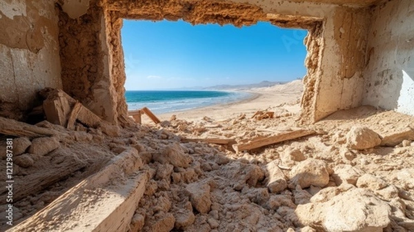 Fototapeta A captivating view through a crumbling wall, offering a stunning outlook at the beach, blending natural beauty with the remnants of human architecture and nostalgia.