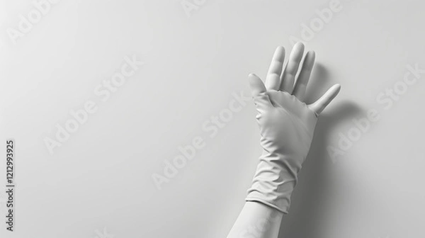 Fototapeta Gloved hand reaching out against a plain background in a clinical setting