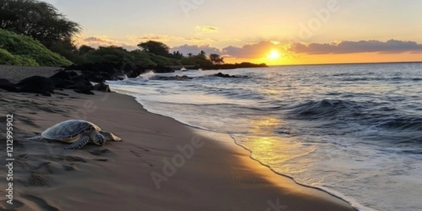 Fototapeta Hawaiian green sea turtle basking on sandy beach at sunset, waves gently lapping, lush greenery in background, serene coastal landscape