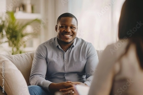 Obraz Cheerful African American financial advisor on a meeting with a couple., Generative AI
