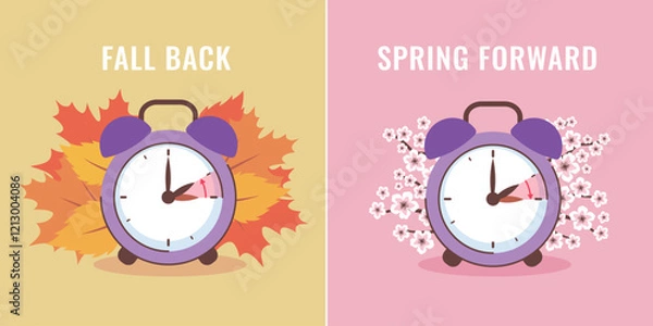 Obraz Switch to summer and winter time. Daylight saving time vector illustration. Spring forward, fall back