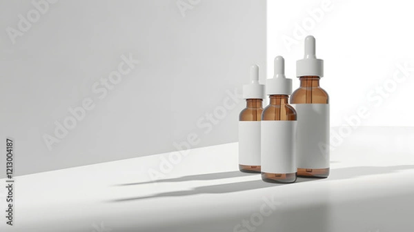 Fototapeta Elegant display of three amber glass dropper bottles on a minimalist surface during soft lighting