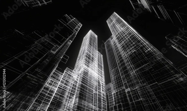 Obraz Digital skyscrappers with wireframe texture. Technology and conn, Generative AI