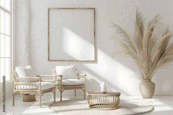 Obraz Frame mockup in a sleek white modern interior featuring elegant rattan furniture and soft pampas grass, clean lines, minimalistic aesthetic. generative ai.