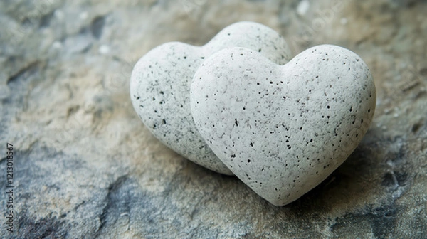 Fototapeta Two gray stone hearts showing love on rustic wooden table